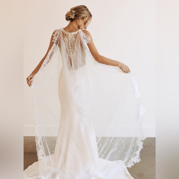 Accessories - White Long Bridal Cape Veil With Pearl and Floral Embroidery Trim